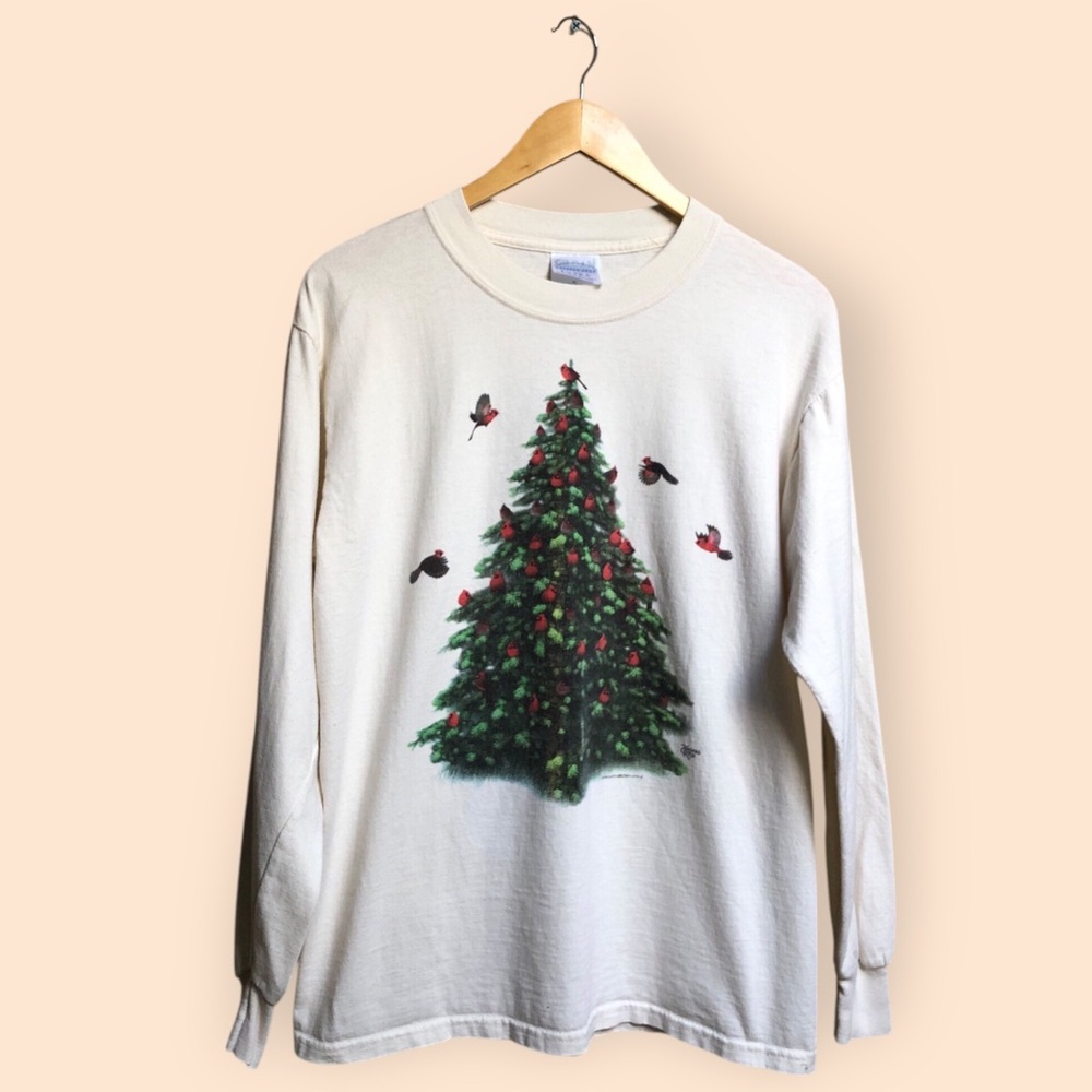 Vintage 1998 Christmas Tree Red Cardinals Bird Long Sleeve T-shirt Gildan Medium